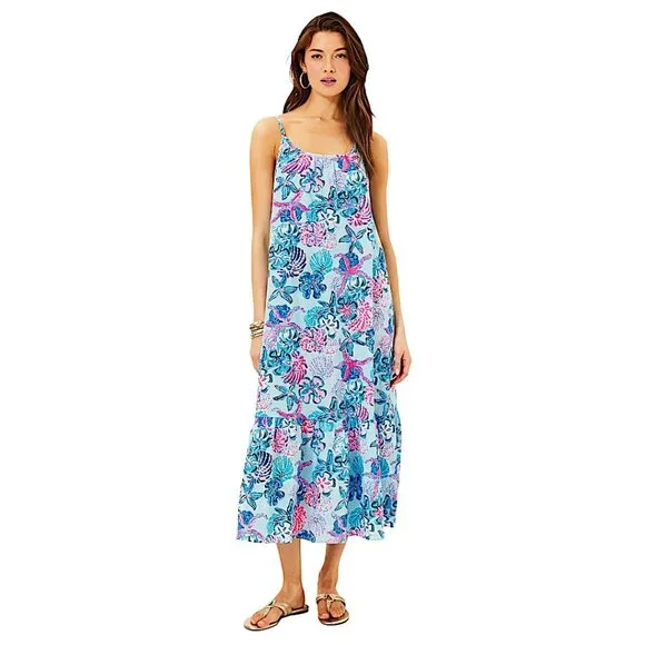 Lilly Pulitzer Amerie Linen Midi Dress in "Bahamas Beachcomber" NWT - X-Large - Picture 2 of 7